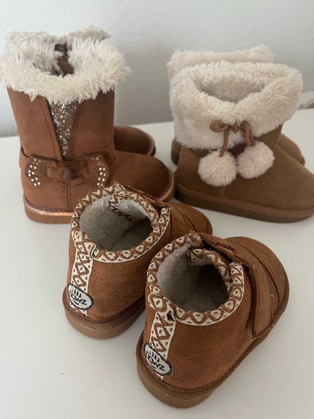 PAWZ Brown Kids Fleece-Lined Winter Boots with Pom Detail